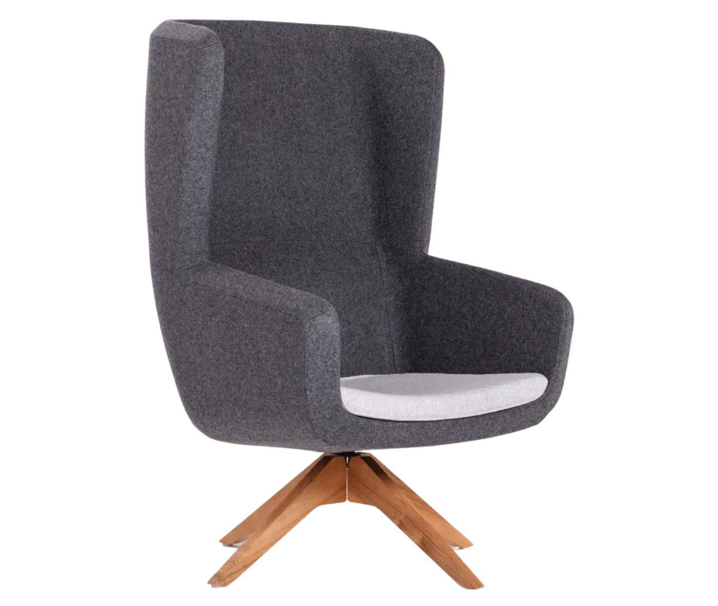 True Arca high-back chair, front-right view with a high dark grey wraparound shell, light seat pad, and timber swivel base.