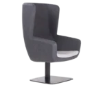 True Arca high-back chair, front-right view with a high dark grey wraparound shell, light seat pad, and metal base plate.