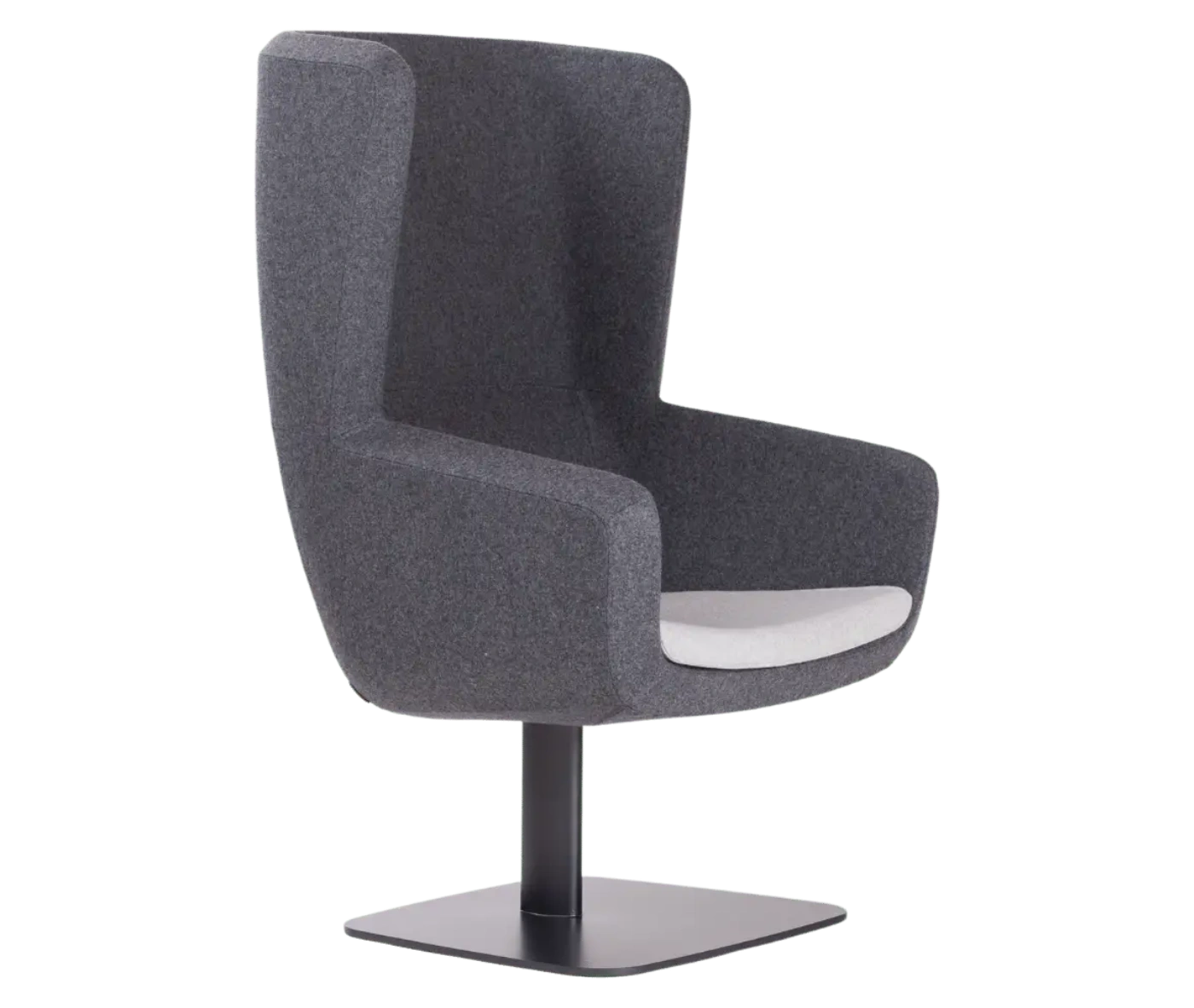 True Arca high-back chair, front-right view with a high dark grey wraparound shell, light seat pad, and metal base plate.