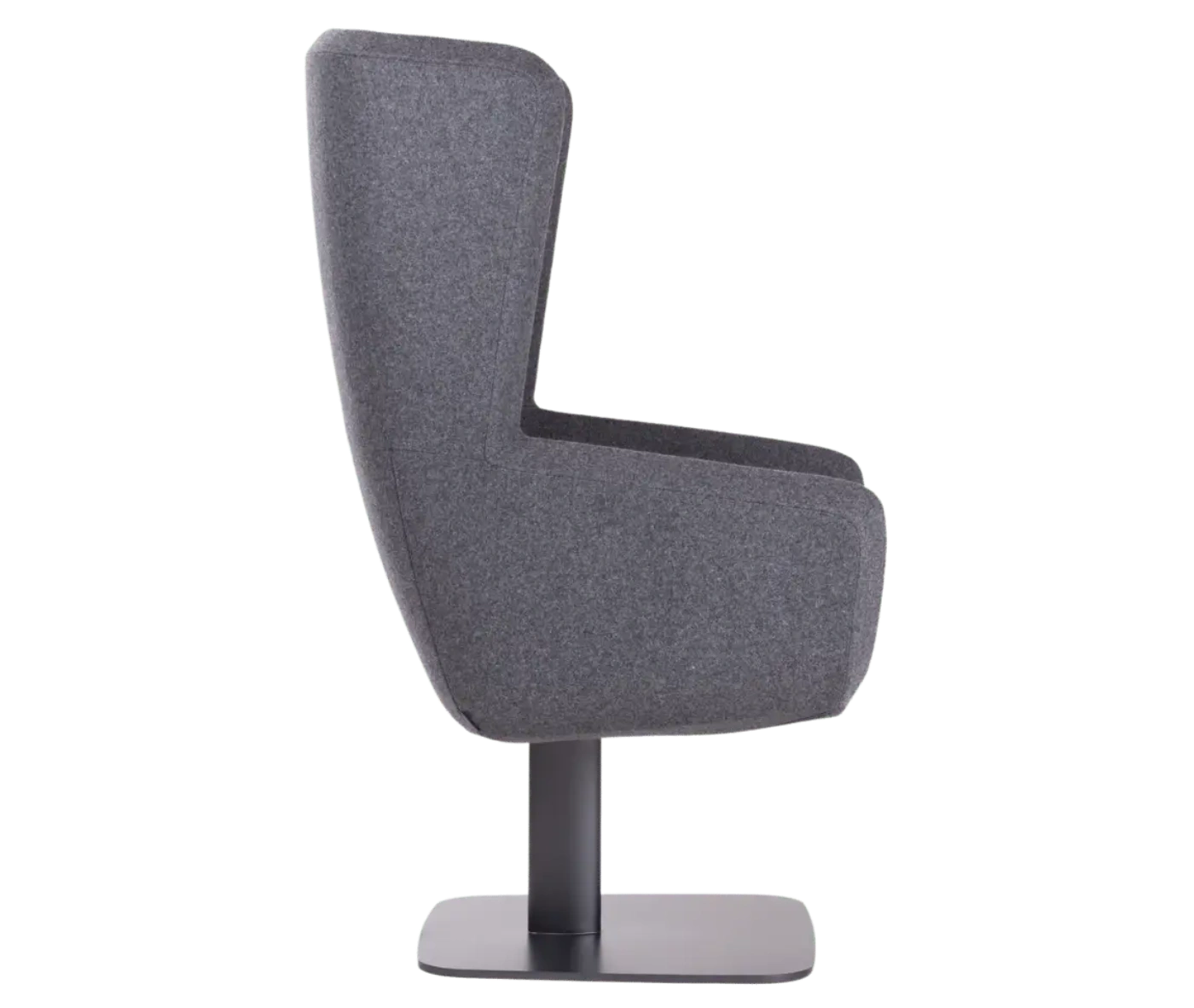 True Arca high-back chair, right-side view with a high dark grey wraparound shell, light seat pad, and metal base plate.