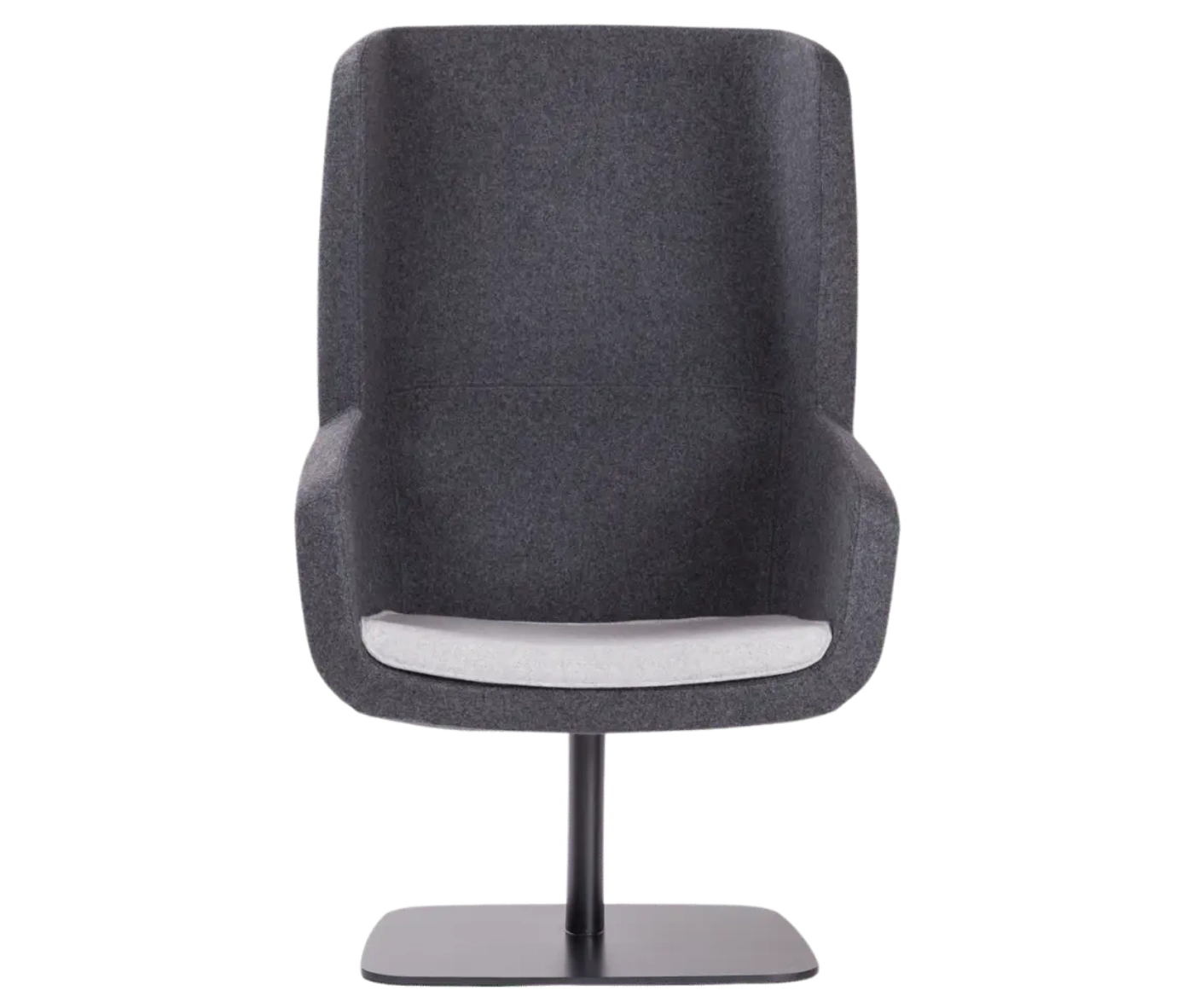 True Arca high-back chair, frontview with a high dark grey wraparound shell, light seat pad, and metal base plate.