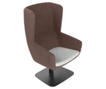 True Arca high-back chair, top view with a high dark brown wraparound shell, light seat pad, and metal base plate.