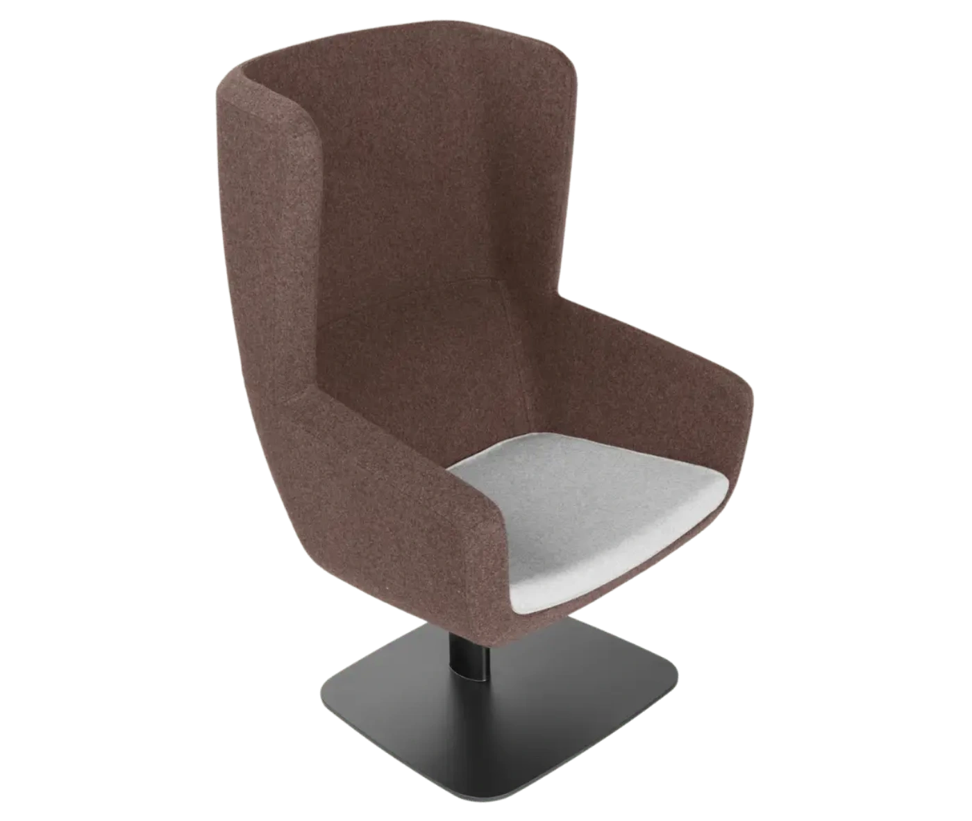 True Arca high-back chair, top view with a high dark brown wraparound shell, light seat pad, and metal base plate.