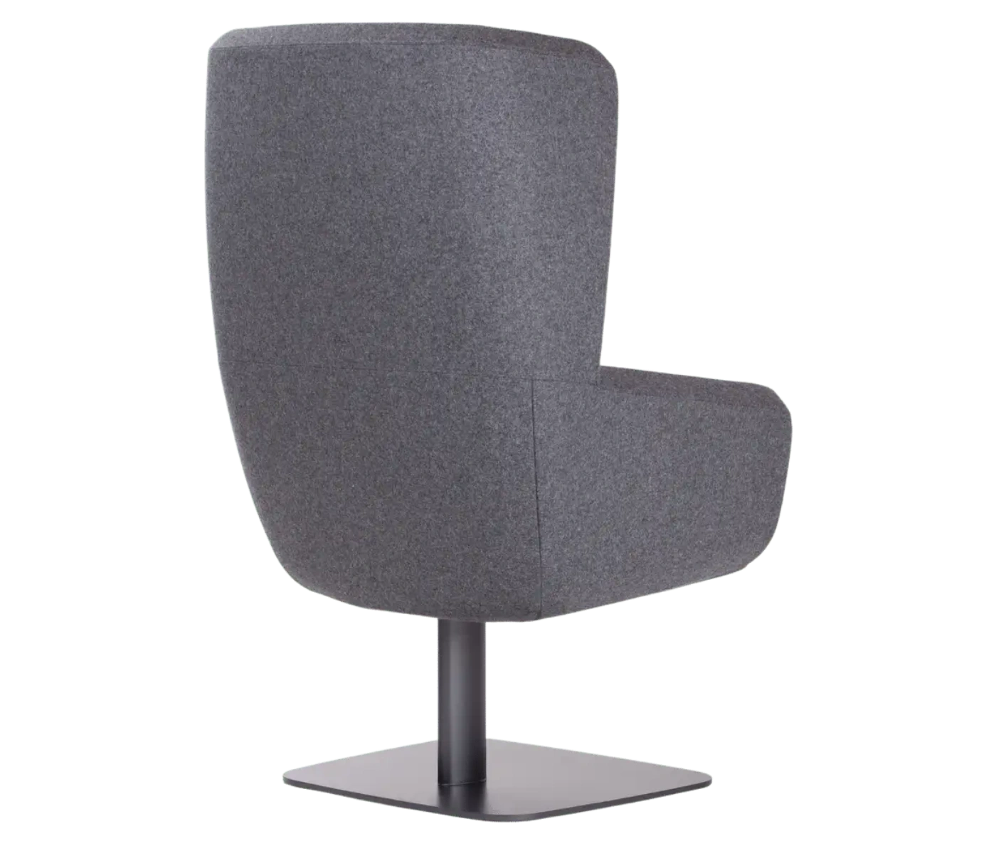 True Arca high-back chair, back view with a high dark grey wraparound shell and metal base plate.