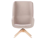True Arca high-back chair, front view with a high beige wraparound shell, grey seat pad, and timber swivel base.