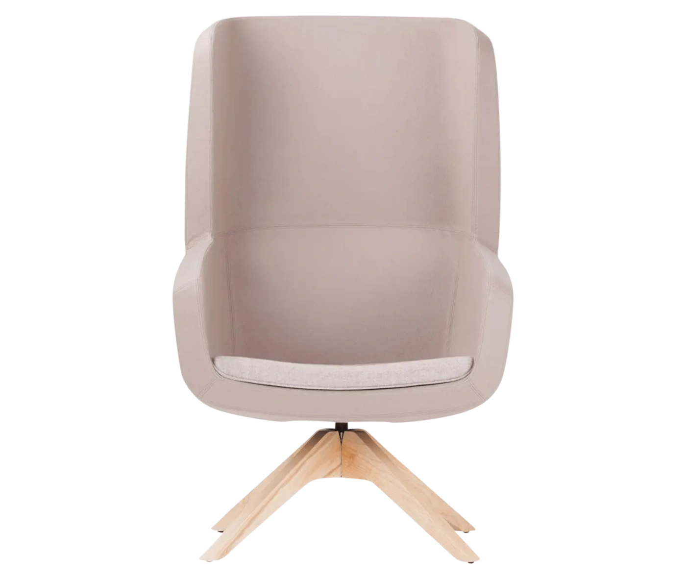 True Arca high-back chair, front view with a high beige wraparound shell, grey seat pad, and timber swivel base.