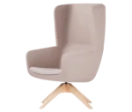 True Arca high-back chair, front-left view with a high beige wraparound shell, grey seat pad, and timber swivel base.