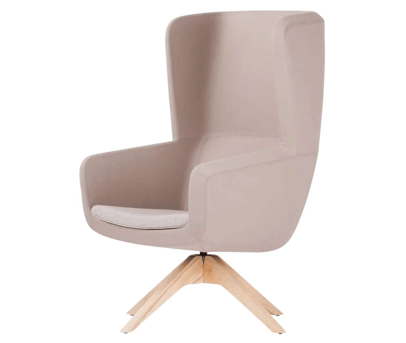 True Arca high-back chair, front-left view with a high beige wraparound shell, grey seat pad, and timber swivel base.