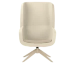 True Arca high-back chair, front view with a high white wraparound shell, seat pad, and timber swivel base.