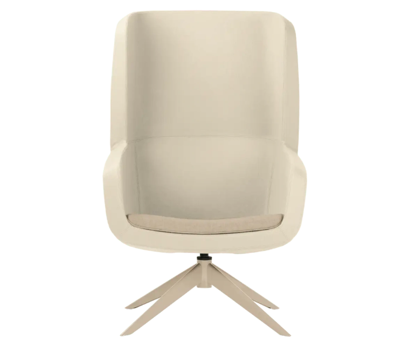 True Arca high-back chair, front view with a high white wraparound shell, seat pad, and timber swivel base.