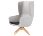 True Arca high-back chair, front-left view with a high grey wraparound shell, dark seat pad, and timber swivel base.