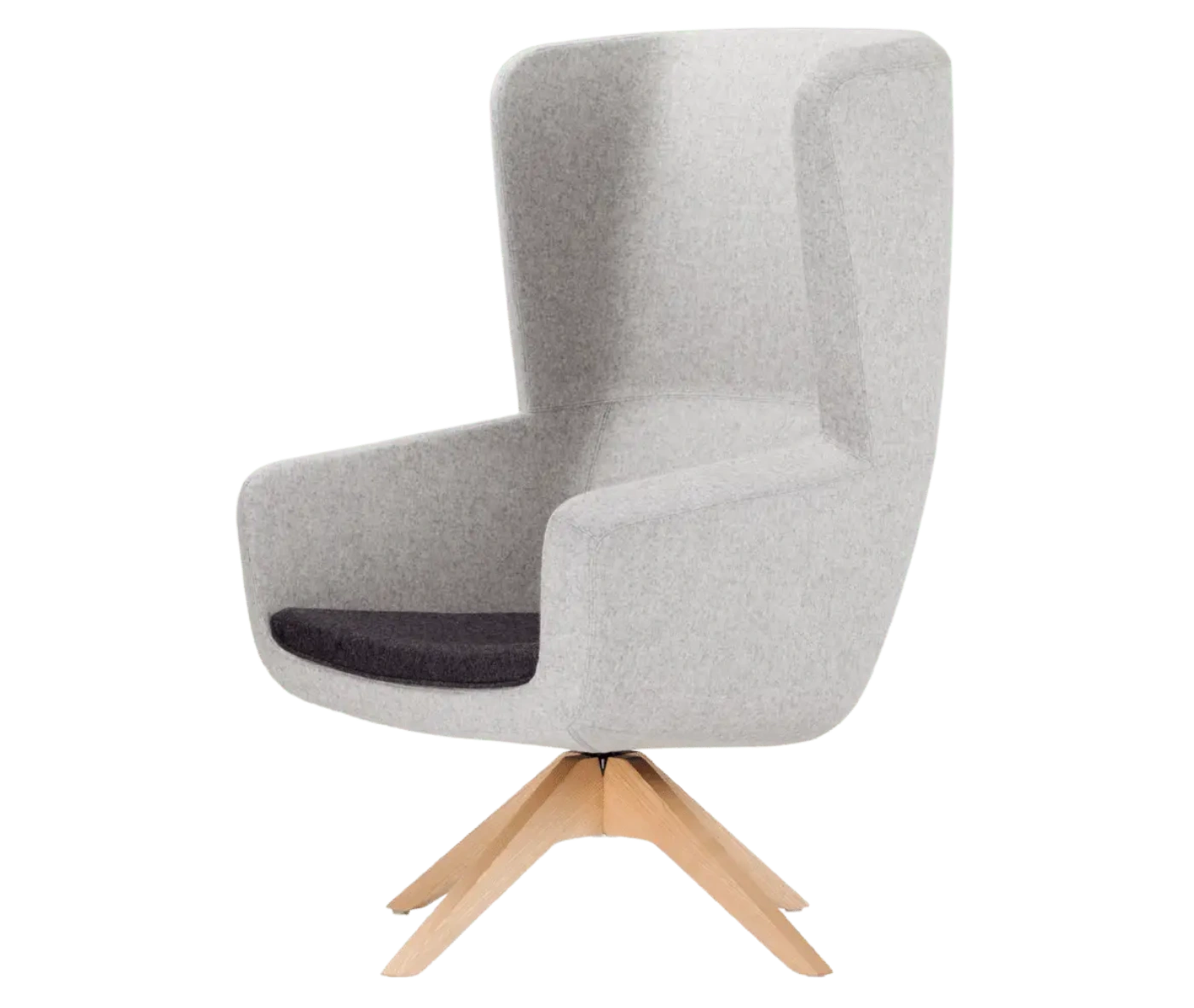 True Arca high-back chair, front-left view with a high grey wraparound shell, dark seat pad, and timber swivel base.