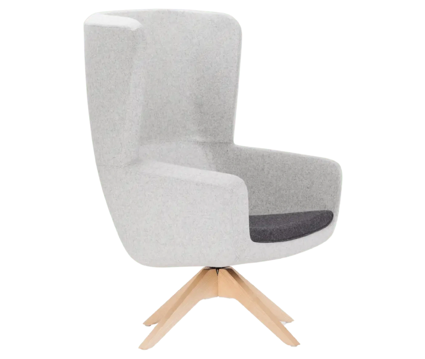 True Arca high-back chair, front-right view with a high grey wraparound shell, dark seat pad, and timber swivel base.