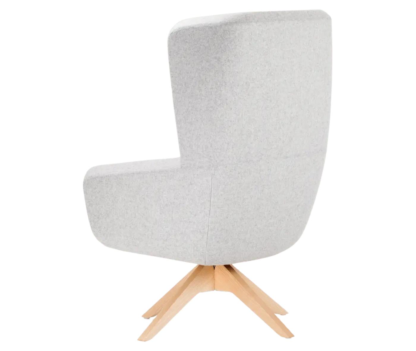 True Arca high-back chair, back view with a high grey wraparound shell and timber swivel base.