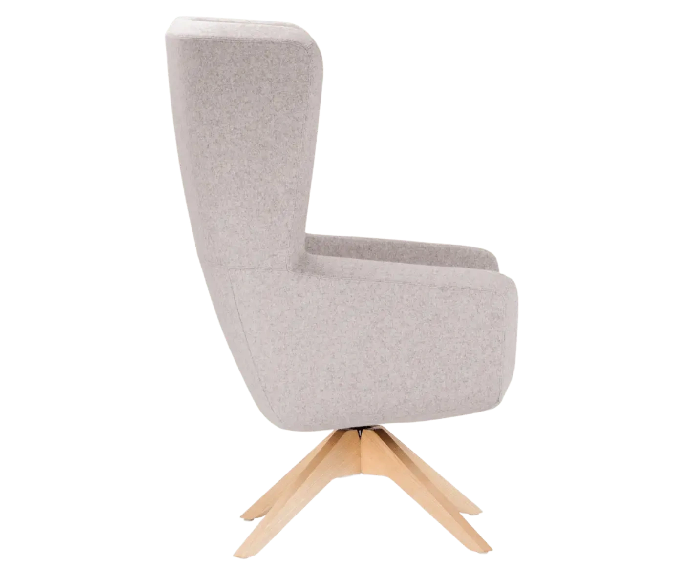 True Arca high-back chair, right-side view with a high light grey wraparound shell and timber swivel base.