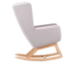 True Arca high-back chair, side view with a high light grey wraparound shell and wooden rocking base.