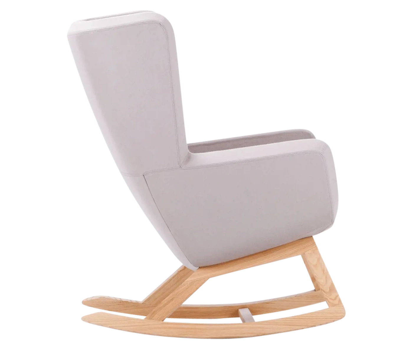 True Arca high-back chair, side view with a high light grey wraparound shell and wooden rocking base.