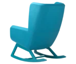 True Arca high-back chair, back view with a high teal blue wraparound shell, seat pad, and wooden rocking base.