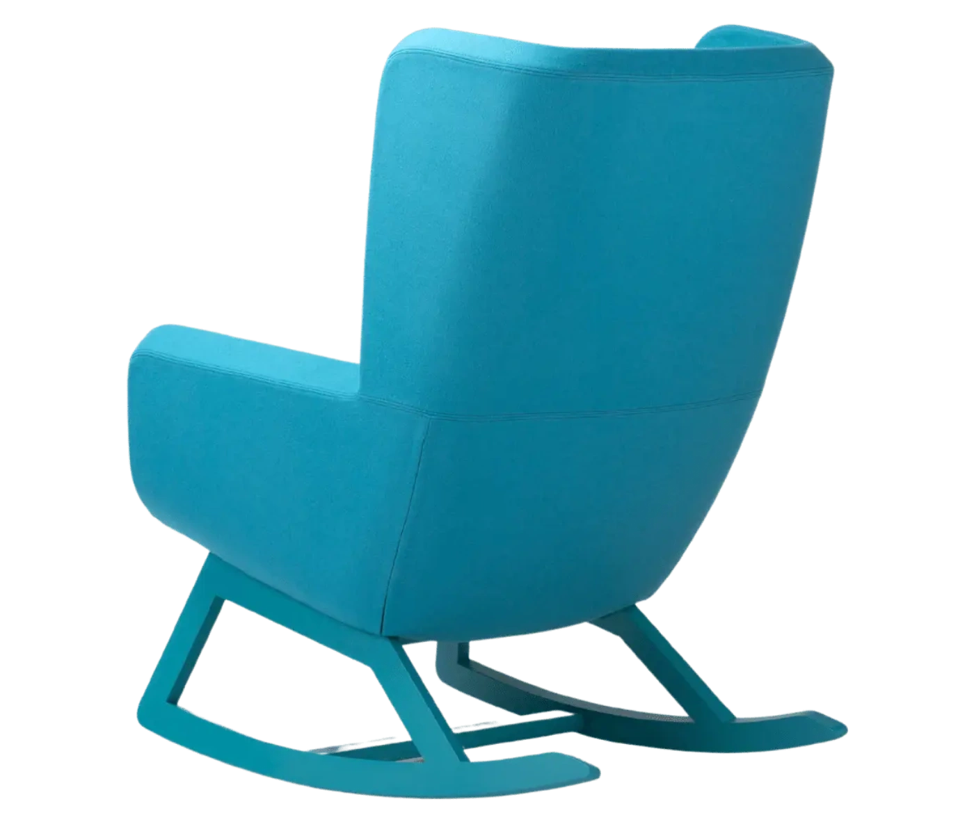 True Arca high-back chair, back view with a high teal blue wraparound shell, seat pad, and wooden rocking base.