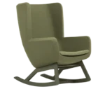 True Arca high-back chair, front-right view with a high olive green wraparound shell, seat pad, and wooden rocking base.