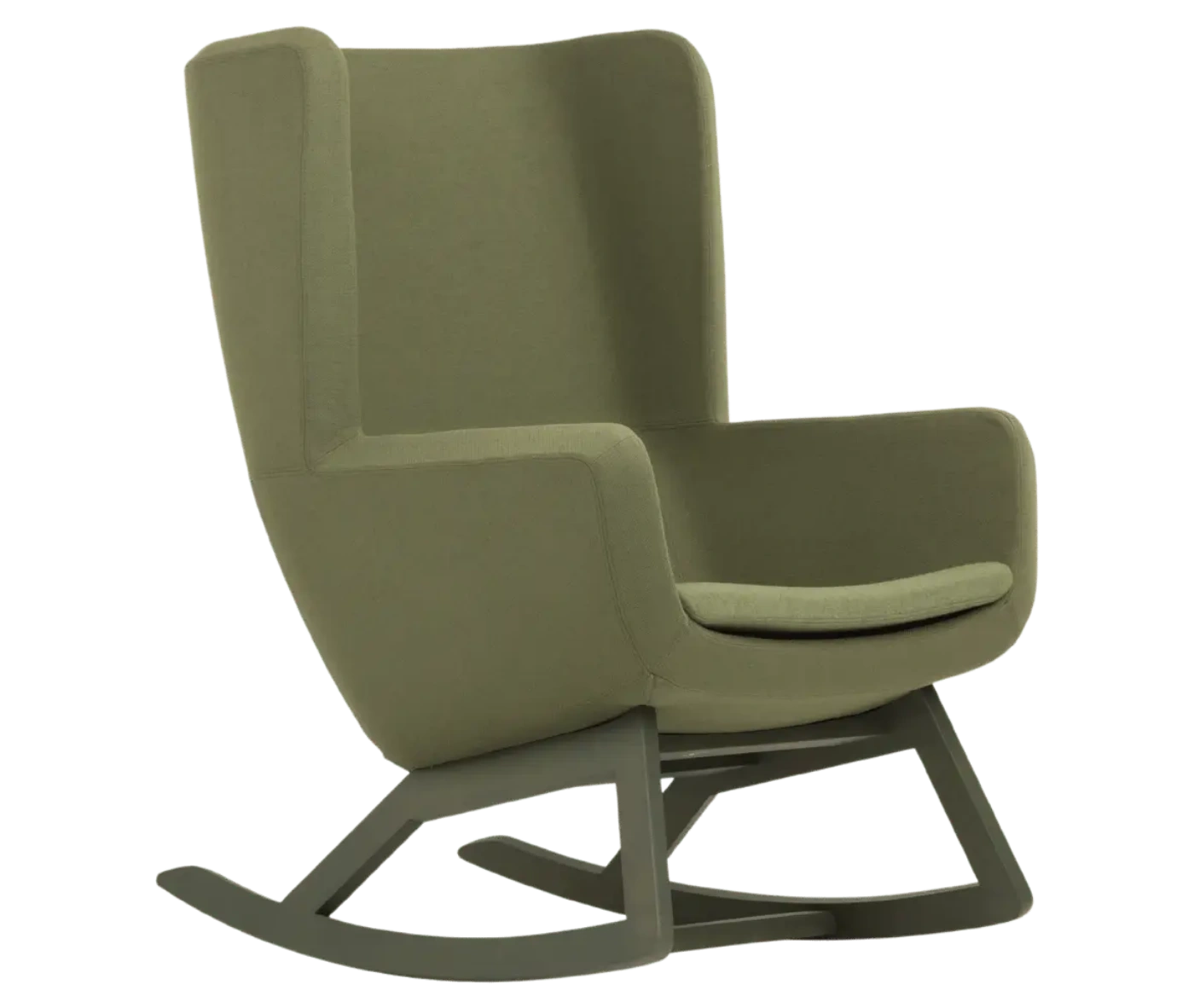 True Arca high-back chair, front-right view with a high olive green wraparound shell, seat pad, and wooden rocking base.