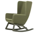 True Arca high-back chair, front-left view with a high olive green wraparound shell, seat pad, and wooden rocking base.