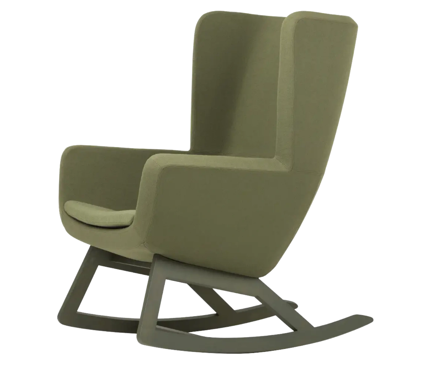 True Arca high-back chair, front-left view with a high olive green wraparound shell, seat pad, and wooden rocking base.