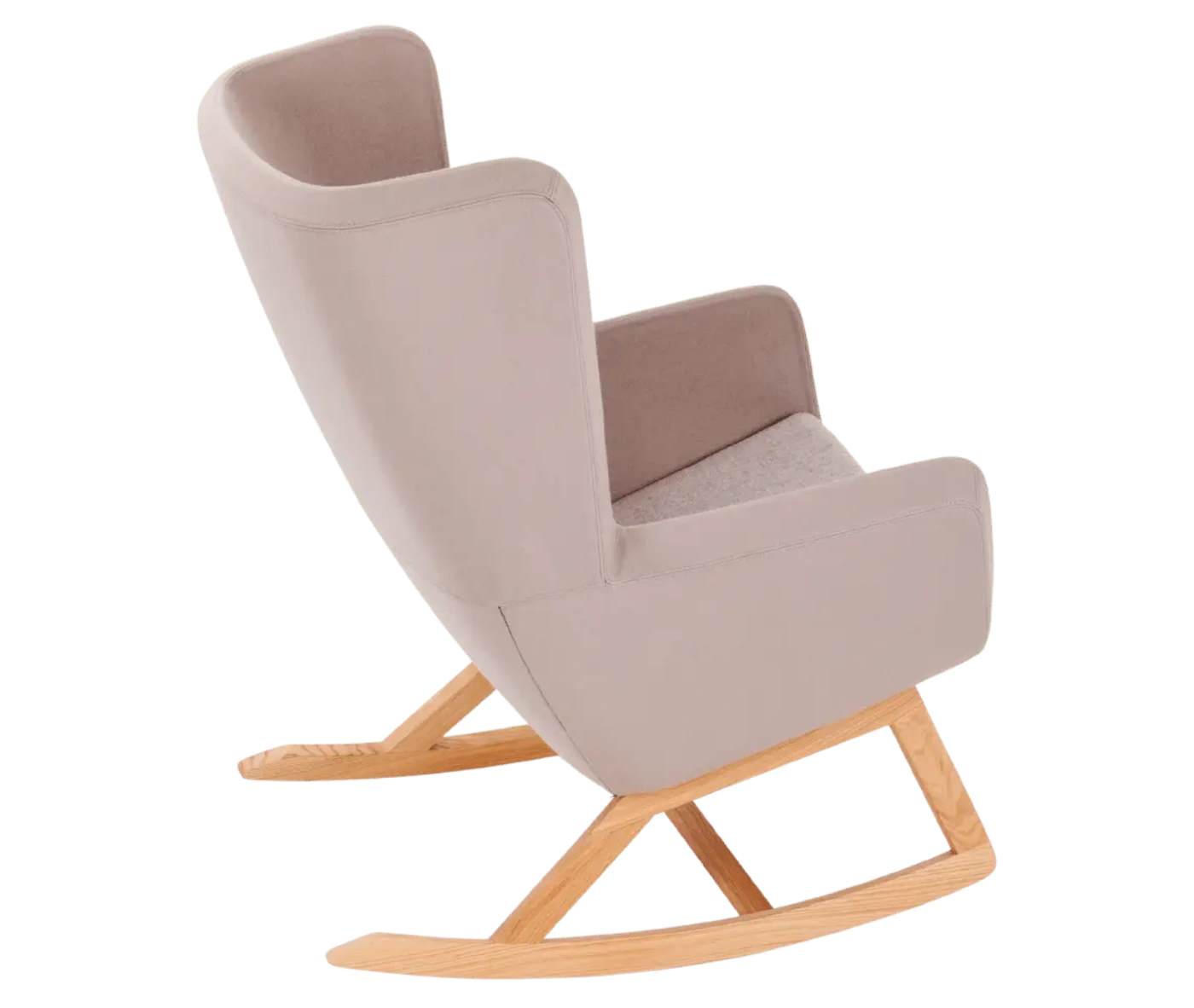 True Arca high-back chair, top view with a high light pink wraparound shell, seat pad, and wooden rocking base.