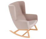 True Arca high-back chair, front-right view with a high light pink wraparound shell, seat pad, and wooden rocking base.