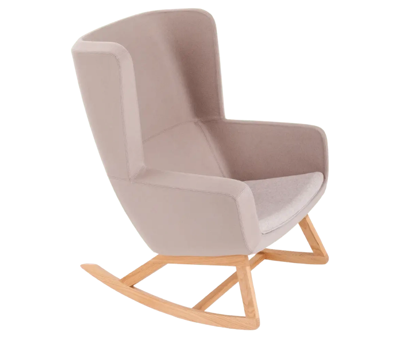 True Arca high-back chair, front-right view with a high light pink wraparound shell, seat pad, and wooden rocking base.