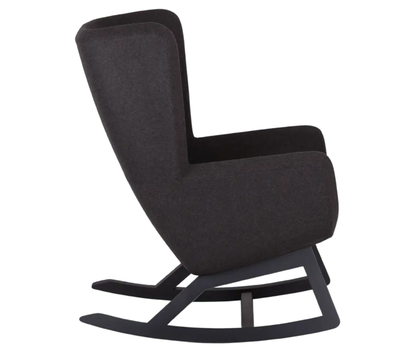 True Arca high-back chair, right-side view with a high dark wraparound shell and wooden rocking base.