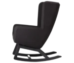 True Arca high-back chair, left-side view with a high dark wraparound shell and wooden rocking base.