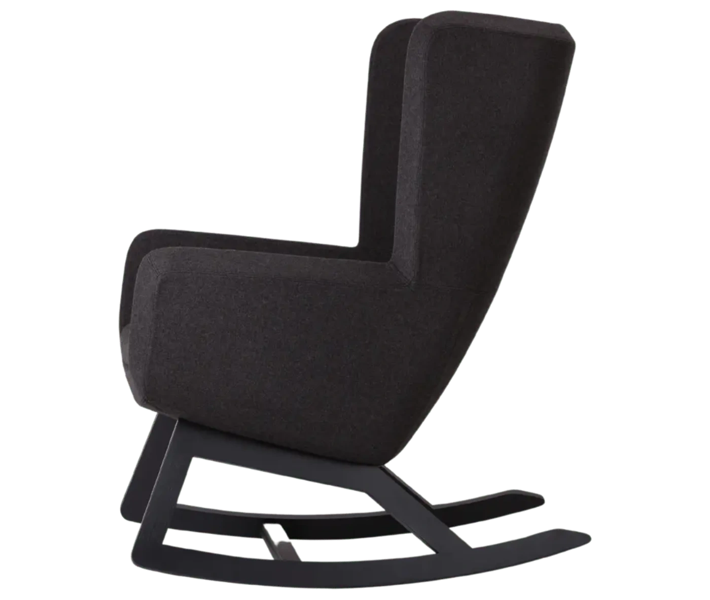 True Arca high-back chair, left-side view with a high dark wraparound shell and wooden rocking base.
