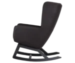 True Arca high-back chair, side with a high dark wraparound shell and wooden rocking base.