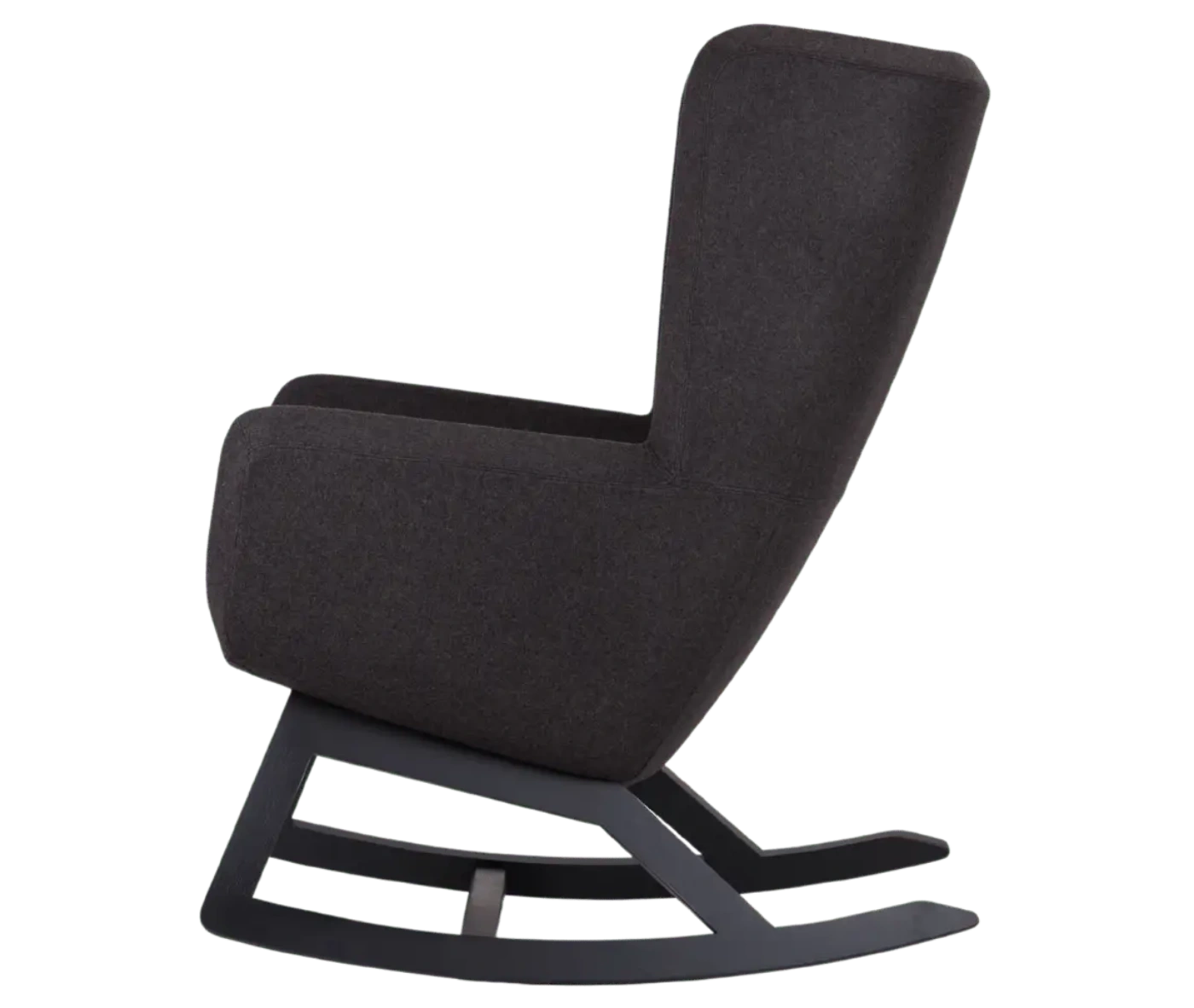 True Arca high-back chair, side with a high dark wraparound shell and wooden rocking base.