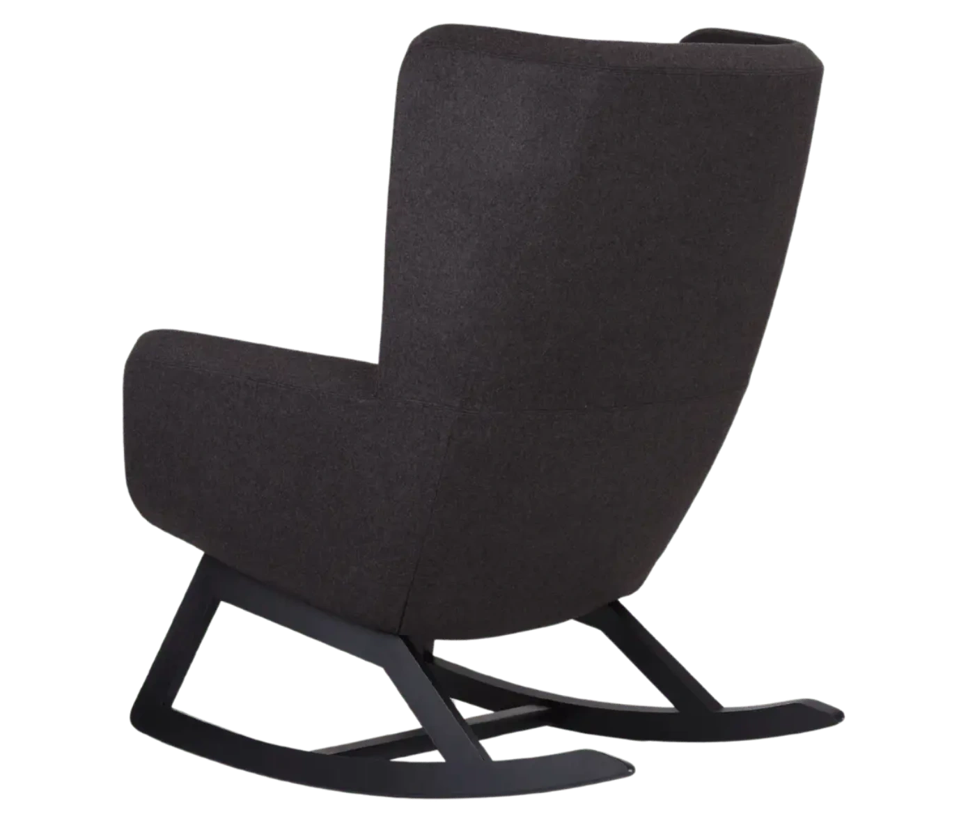 True Arca high-back chair, back with a high dark wraparound shell and wooden rocking base.
