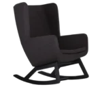 True Arca high-back chair, front-right with a high dark wraparound shell and wooden rocking base.