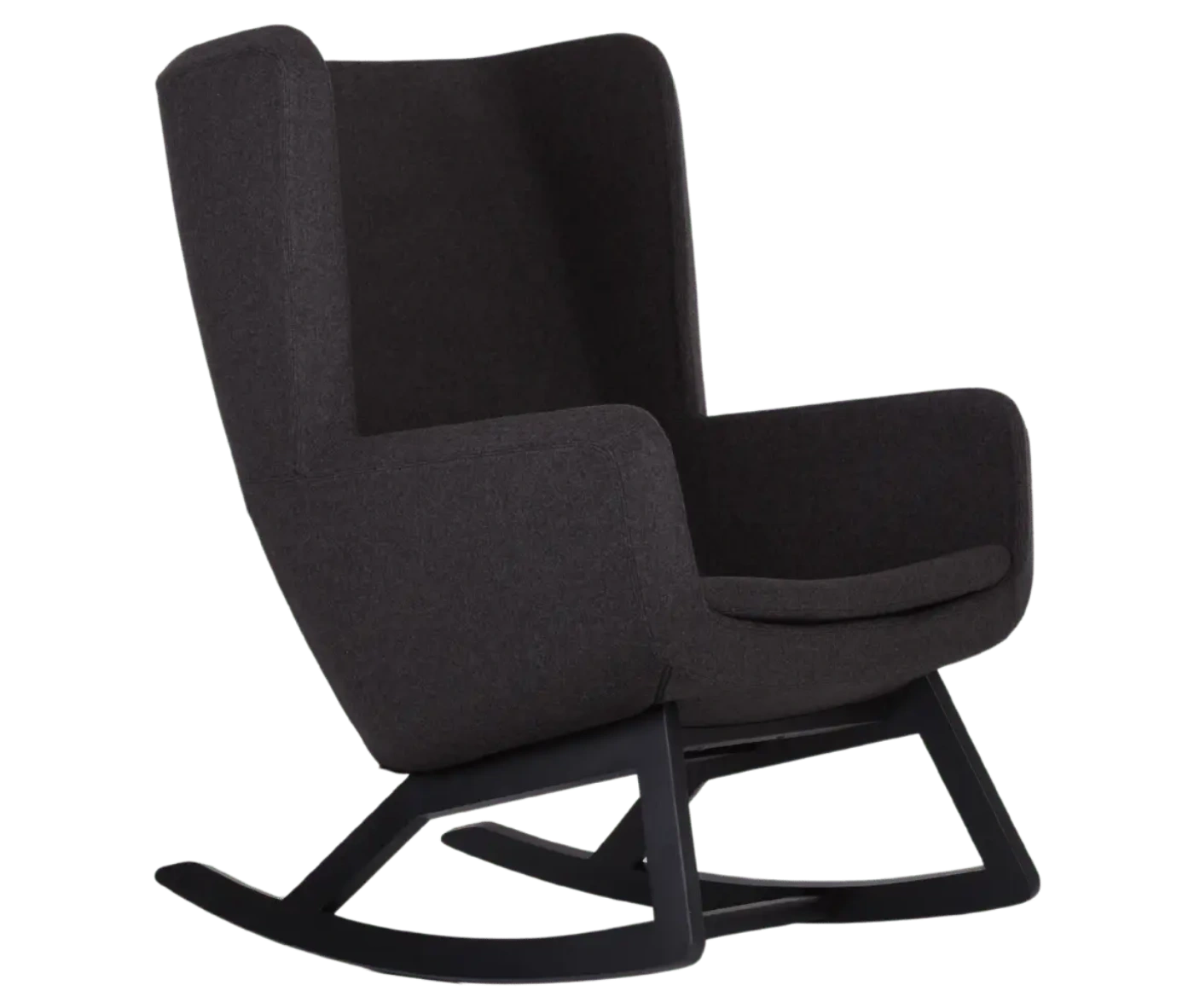 True Arca high-back chair, front-right with a high dark wraparound shell and wooden rocking base.