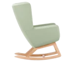 True Arca high-back chair, side view with a high light sage green wraparound shell and wooden rocking base.