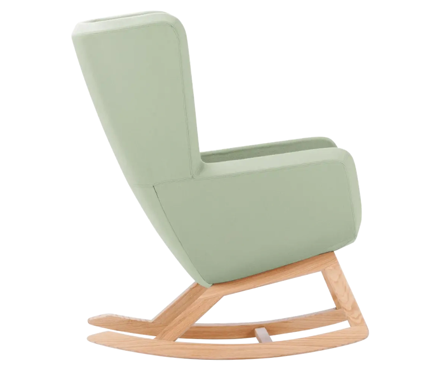 True Arca high-back chair, side view with a high light sage green wraparound shell and wooden rocking base.