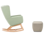True Arca high-back chair, side view with a high light green wraparound shell, rocking base, and matching ottoman.