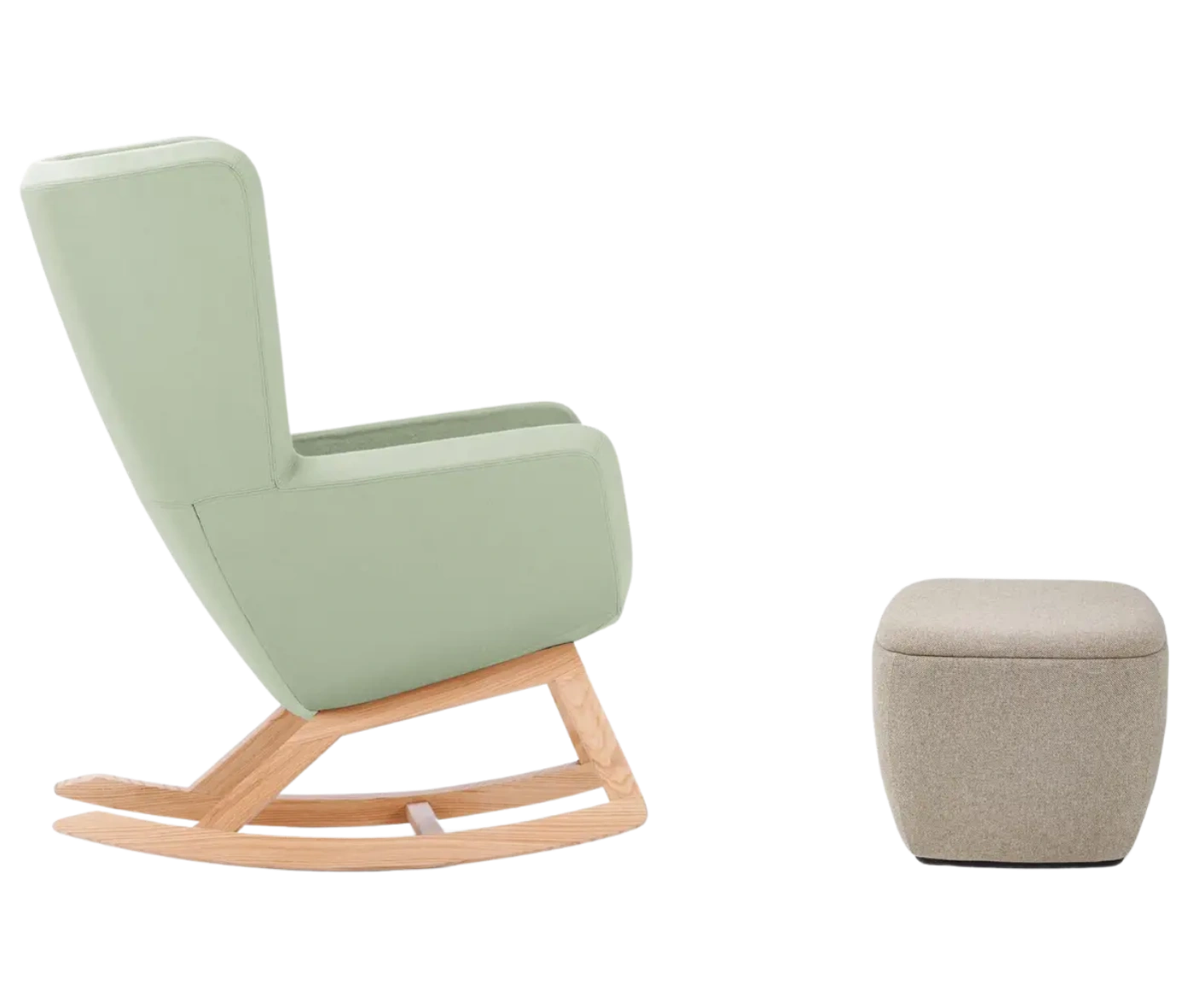 True Arca high-back chair, side view with a high light green wraparound shell, rocking base, and matching ottoman.