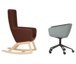 True Arca lounge chairs in side view with a brown high-back shell and a grey low-back shell in rocking and swivel base.