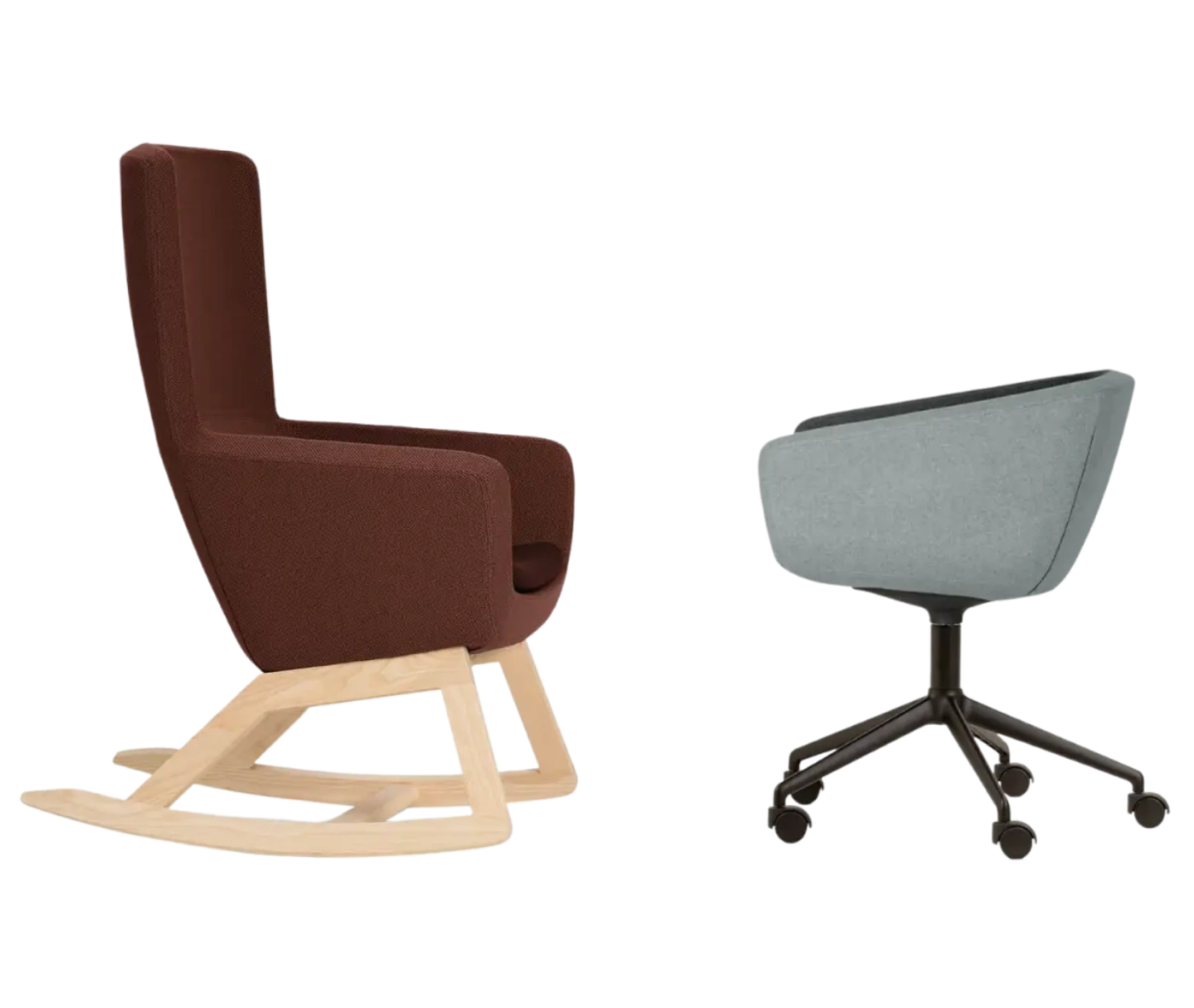 True Arca lounge chairs in side view with a brown high-back shell and a grey low-back shell in rocking and swivel base.