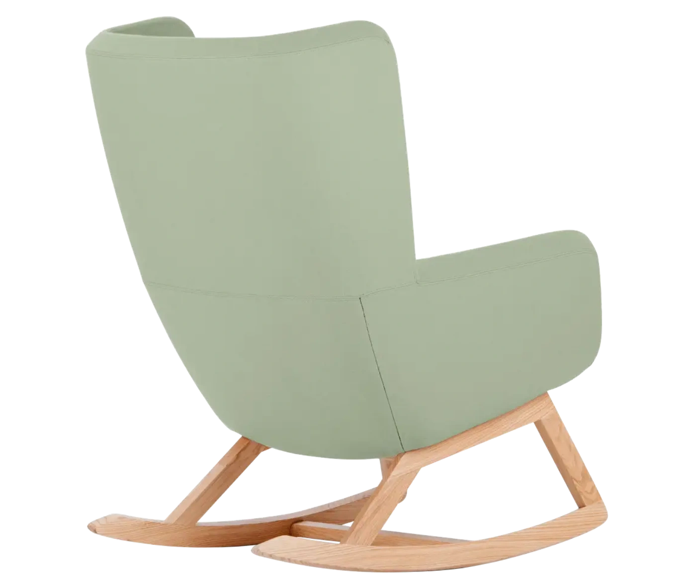 True Arca high-back chair, back view with a high light sage green wraparound shell and wooden rocking base.