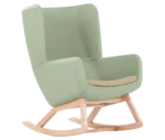 True Arca high-back chair, front-right with a high light sage green wraparound shell, seat pad, and wooden rocking base.