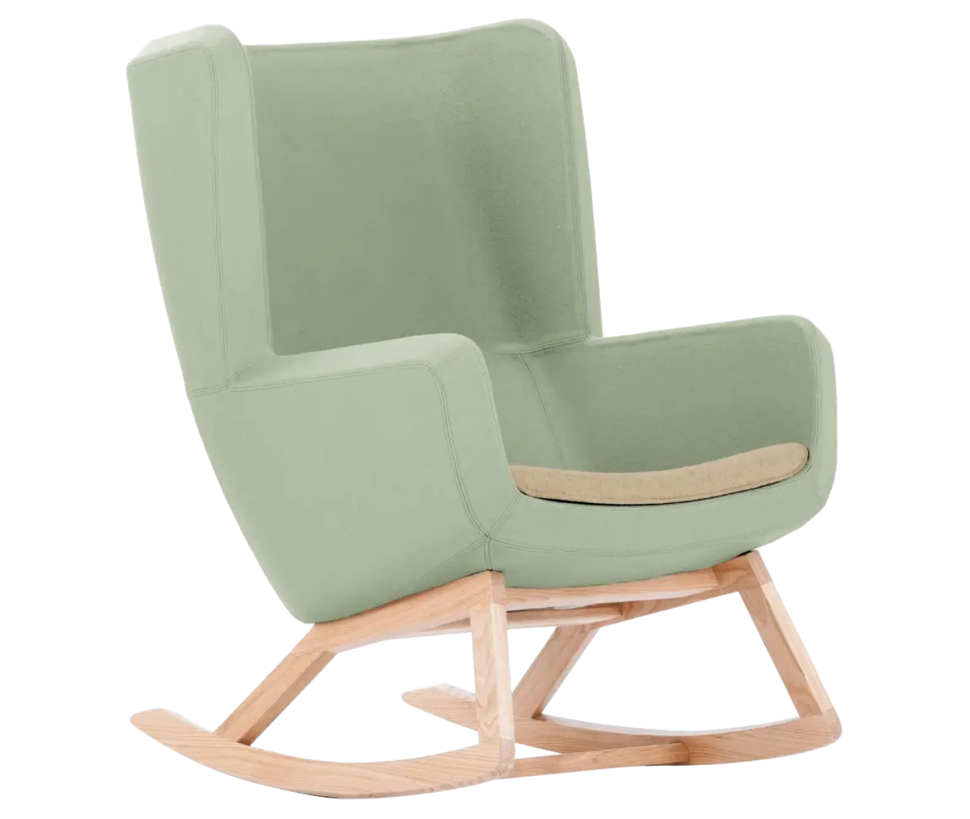 True Arca high-back chair, front-right with a high light sage green wraparound shell, seat pad, and wooden rocking base.