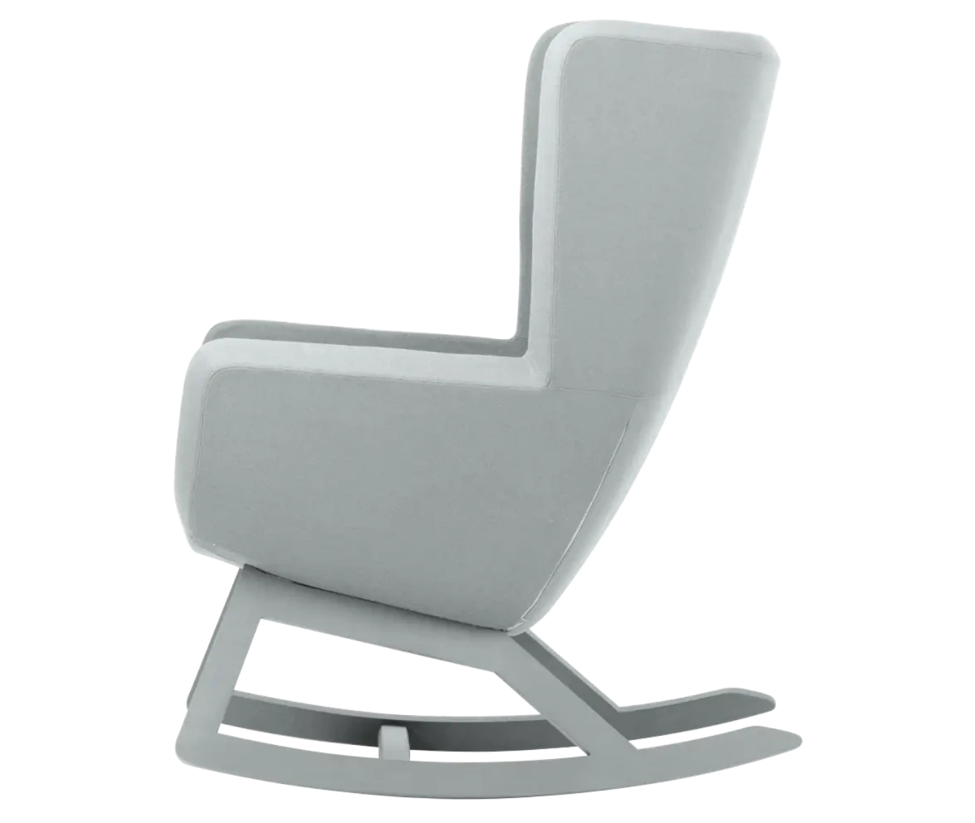 True Arca high-back chair, side view with a high grey wraparound shell and wooden rocking base.