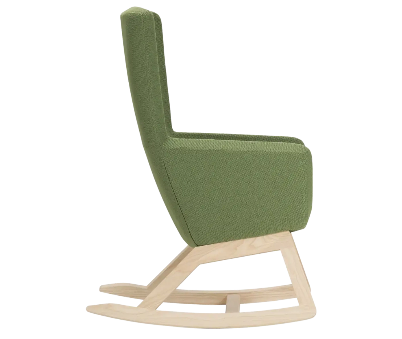 True Arca high-back chair, right-side view with a high green wraparound shell and wooden rocking base.