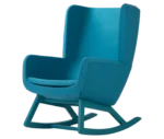 True Arca high-back chair, front-left view with a high teal blue wraparound shell, seat pad, and wooden rocking base.